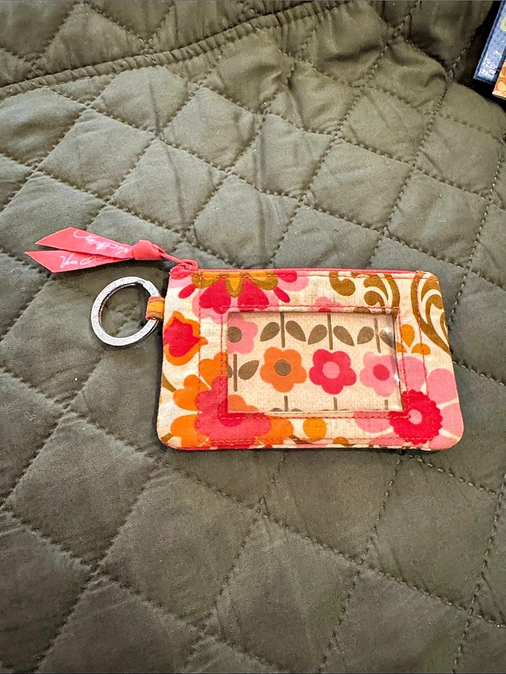 Vera Bradley Zip ID Case Floral Key Ring Wallet in Pink & Brown